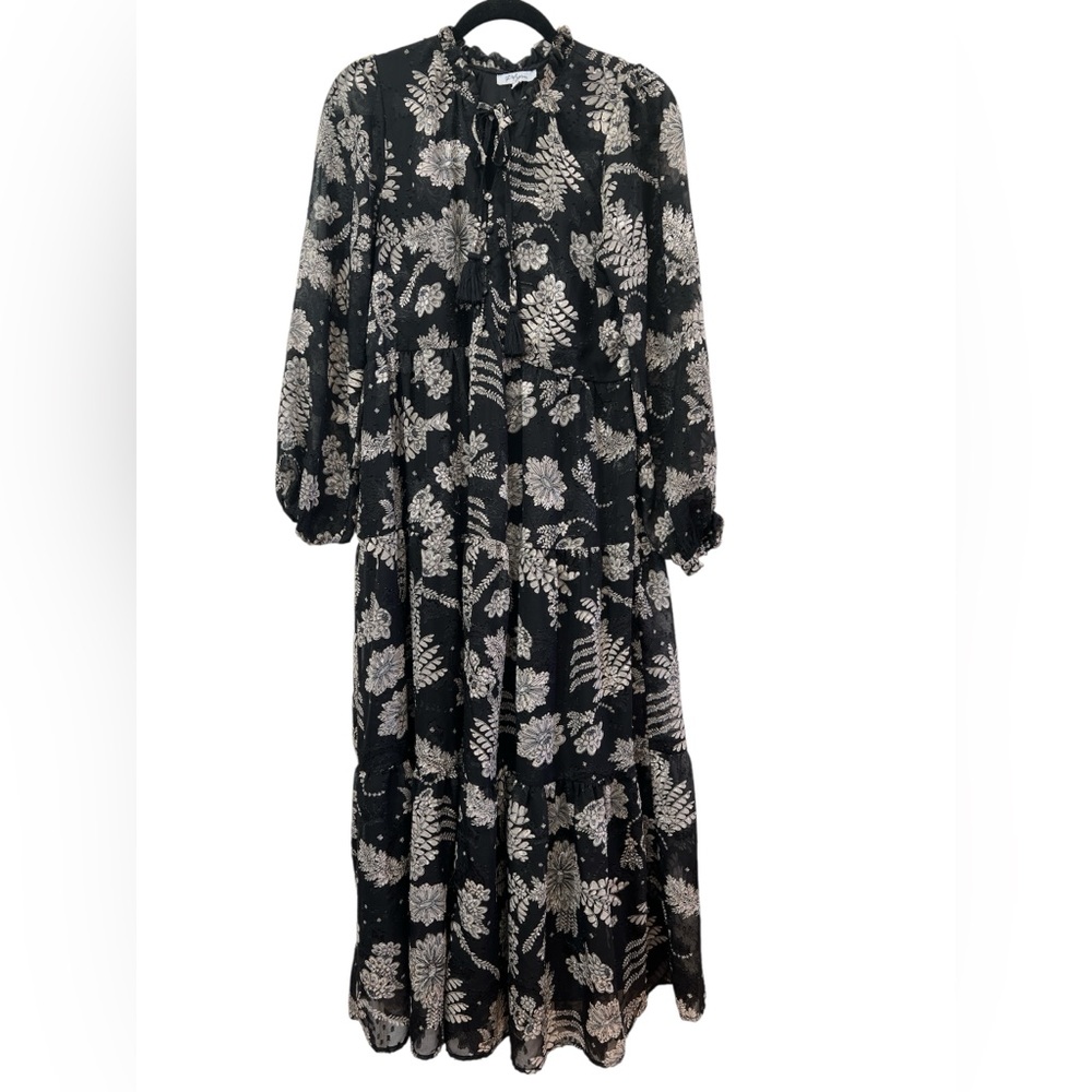 Polagram Black Floral Tiered Maxi Dress Tassel Tie Neck Cottagecore Boho M - Picture 2 of 6